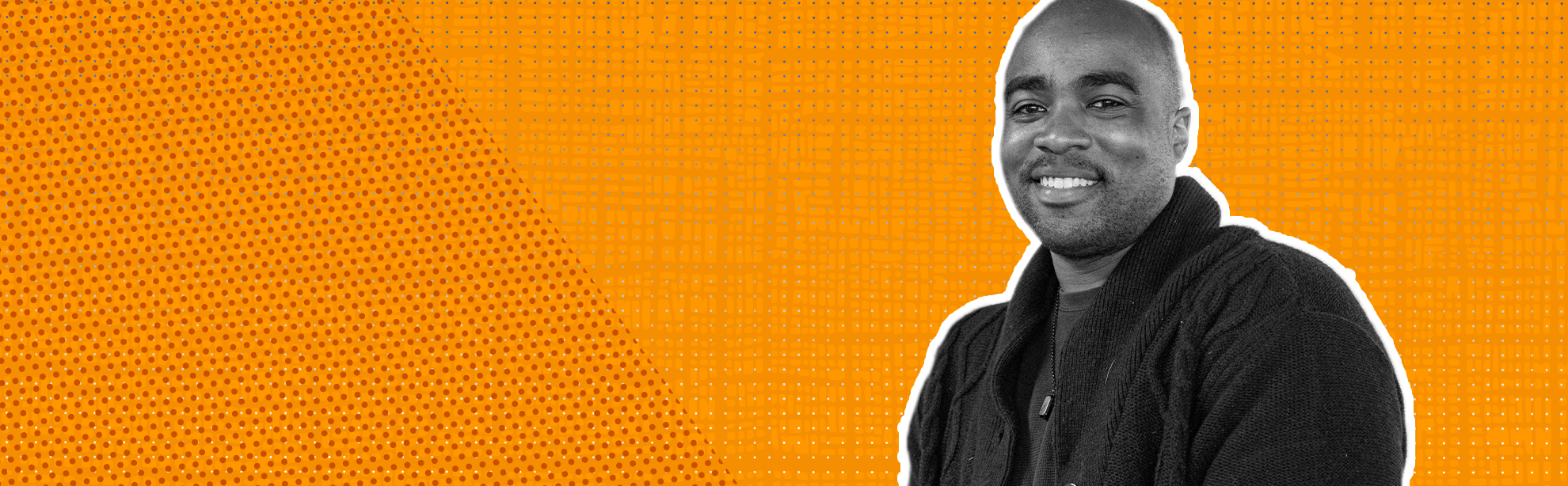 hero banner image featuring a student in black and white over a textured background