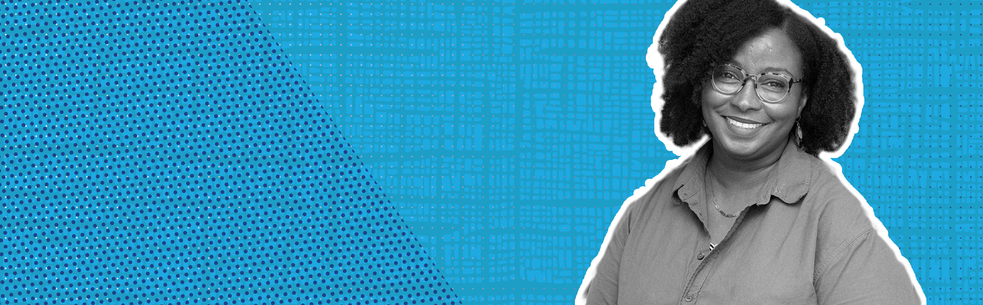 hero banner image featuring a student in black and white over a textured background