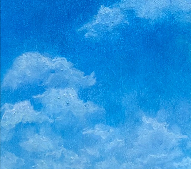 a pastel drawing of white clouds against a blue sky
