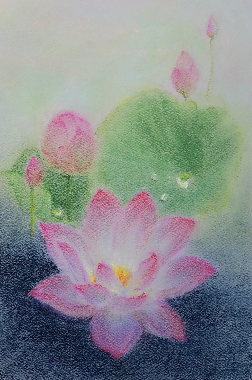 a pastel drawing of pink flowers